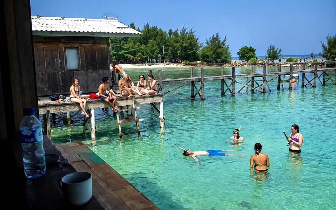 Sekelompok wisatawan menikmati suasana tropis di pondok kayu tepi laut dengan air turquoise jernih, dermaga kayu, dan pemandangan pantai yang indah.
