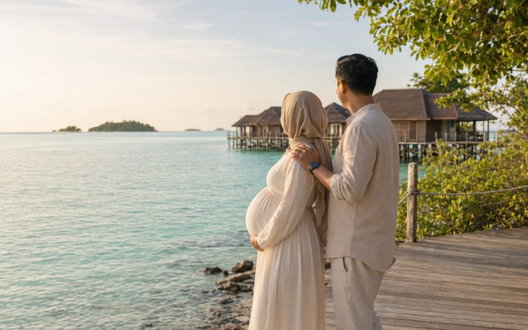 Pasangan menikmati babymoon Pulau Tidung dengan pemandangan laut dari Tidung Lagoon.