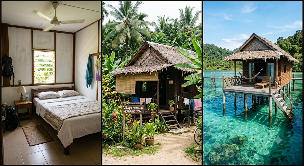 Foto bergaya triptik yang menampilkan tiga jenis penginapan liburan berdampingan: kamar guesthouse sederhana, homestay desa tradisional, dan pondok kayu di atas air.
