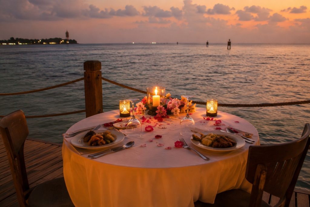 Meja makan romantis dengan dekorasi sederhana untuk merayakan anniversary