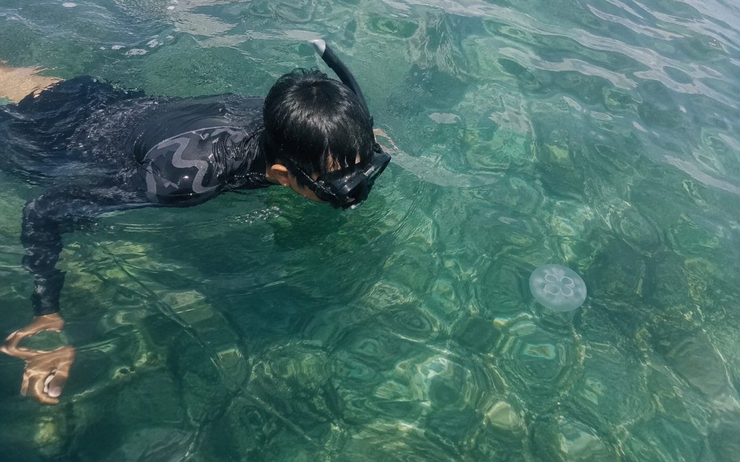 Wisatawan snorkeling dengan hati-hati di perairan Pulau Tidung saat musim ubur-ubur